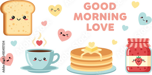A cheerful breakfast scene with pancakes, toast, and coffee, surrounded by hearts and affectionate messages.