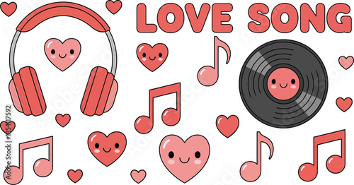 Heartfelt Music and Love Surrounding a Vinyl Record with Music Notes and Headphones