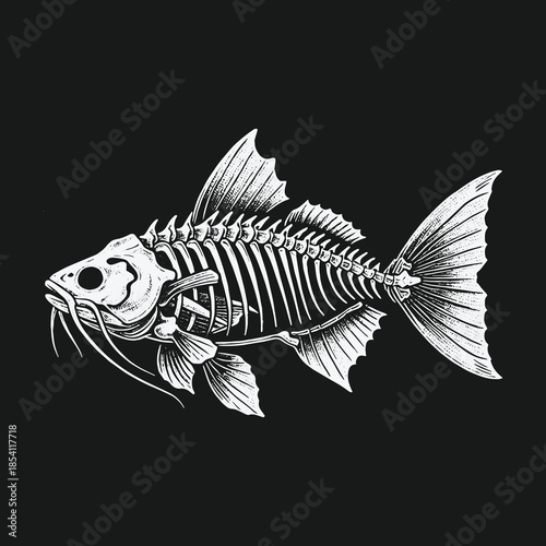Anatomical illustration of a carp fish skeleton on a black background.