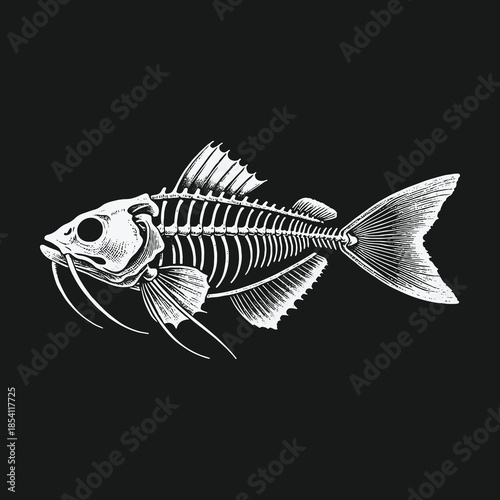 Anatomical drawing of a koi fish skeleton on black background.