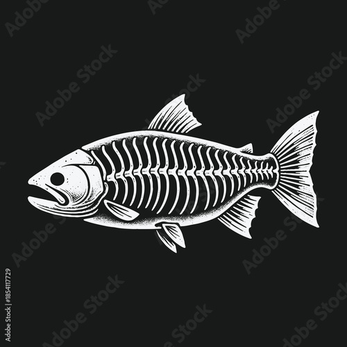 Vintage fish skeleton illustration in a monochrome style.