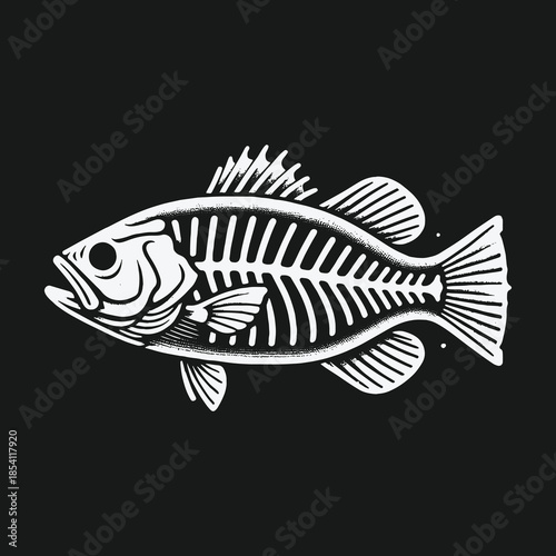 Vintage style bass fish skeleton illustration on a dark background.