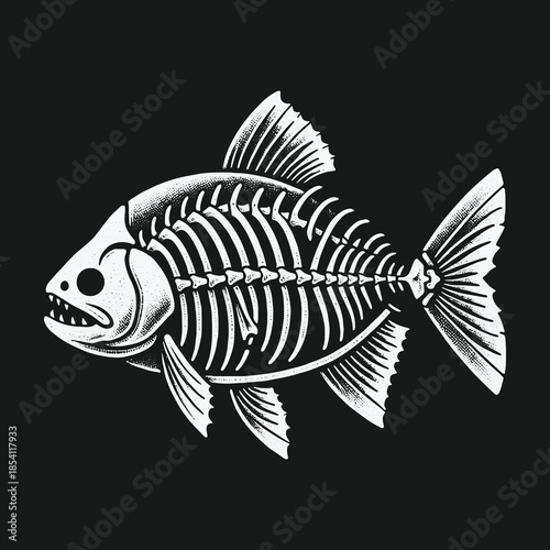 Vintage monochrome illustration of a detailed fish skeleton.
