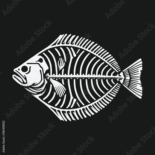 Minimalist white flounder fish skeleton graphic on a dark background.