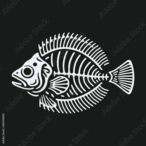 Stylized white fish skeleton illustration on a solid black background.