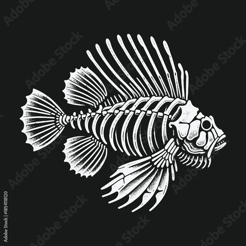 Detailed anatomical illustration of a lionfish skeleton on a black background.