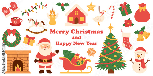 Vector festive Christmas illustration set: Santa, tree, snowman, gifts, wreath, ornaments and winter decor. For scrapbooking, greeting cards, prints, stickers, packaging, holiday designs. Hand drawn.