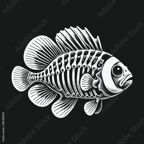 Monochrome artistic rendering of a fish with an exposed skeleton.