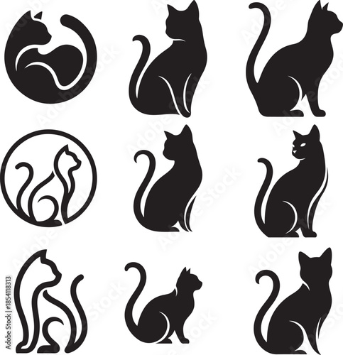 Black Minimalist Cat Silhouette Logo Vector SVG EPS – Smooth Continuous Curves, Solid High-Contrast Printable Business Branding Mark (Isolated on White)