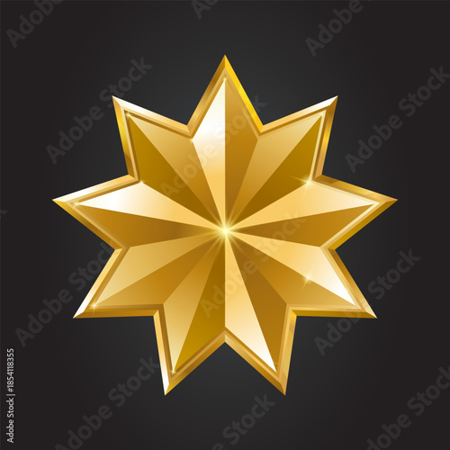 Golden nine-pointed star with metallic effect isolated on black background. 3D star. Decorative element  for Christmas design, advertising, awards. Realistic Realistic Xmas star. Vector illustration.