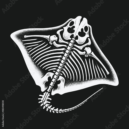 Detailed anatomical illustration of a stingray skeleton on a black background.