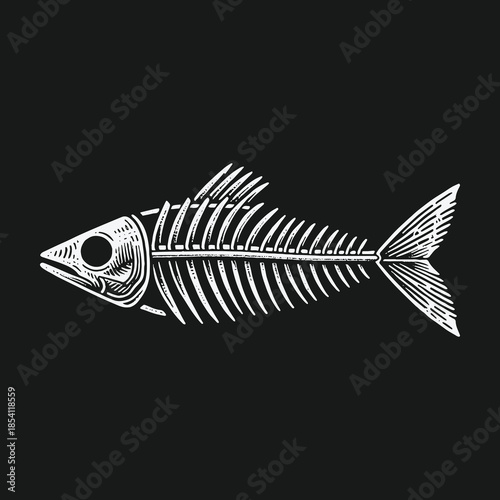 Vintage Engraved Fish Skeleton Illustration on Black Background.