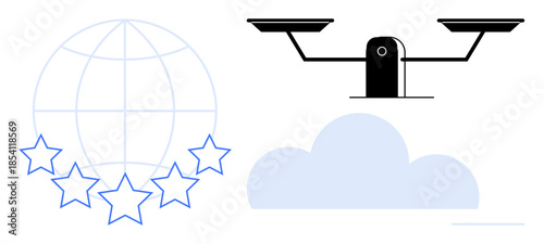 Global quality, legal systems, online services, cloud technology, data protection, customer satisfaction. Globe with stars, balance scale cloud. Global quality and legal systems concept