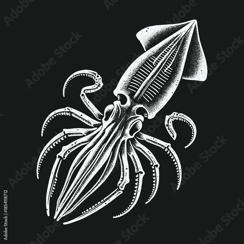 Monochrome engraved style squid with tentacles illustration.