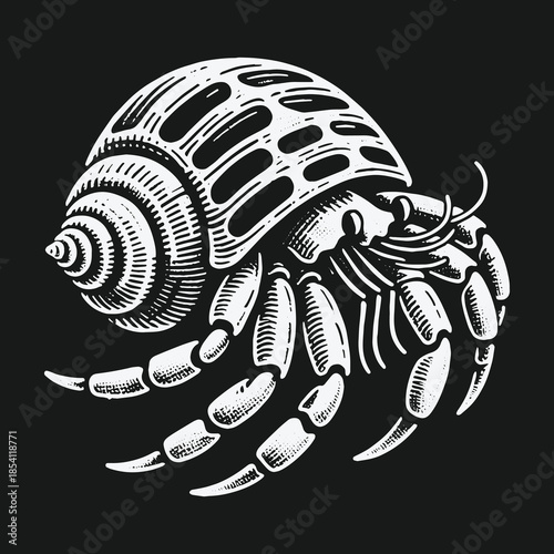 Vintage hermit crab illustration in a black and white engraving style.