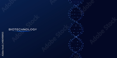 Abstract dna structure with biotechnology text on a dark blue background