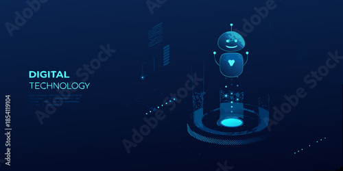 Futuristic robot hovering above a digital network with glowing lines
