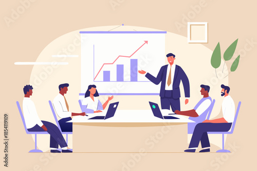 Business presentation in a modern office setting with team members listening