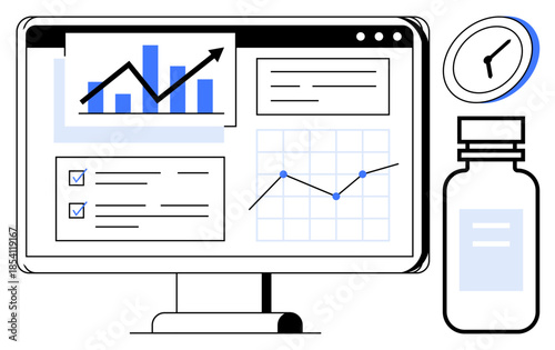 Data analysis, healthcare, progress tracking, medical analytics, business insights, medication management. A computer screen with graphs, checklist medicine bottle clock. Data analysis