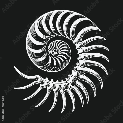 Monochrome Engraving Style Nautilus Shell Spiral Illustration on Black Background.