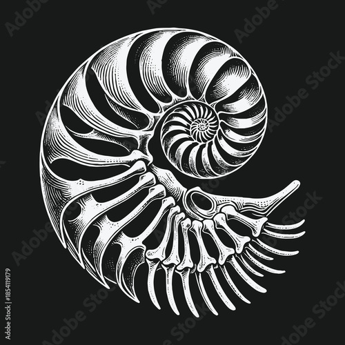 Monochrome scientific illustration of a nautilus shell cross section.