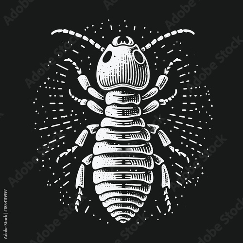 Detailed black and white louse insect in vintage woodcut style.