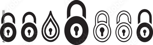 Minimalist Set of Black and White Padlock Icons Featuring Various Lock Shapes and Security Keyhole Symbols