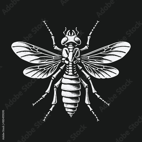 Intricate white line art illustration of a wasp skeleton on a black background.
