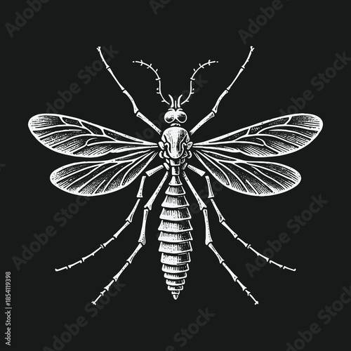 Vintage style scientific illustration of a mosquito insect.