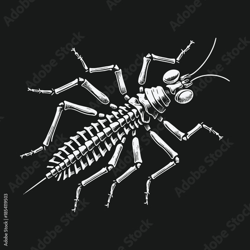 Intricate mechanical insect engraving style vector illustration.