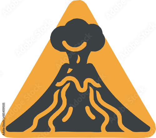 Volcanic Eruption Warning Sign – Yellow Triangle Hazard Icon with Dark Erupting Volcano and Lava Flow, Flat Safety Symbol Isolated