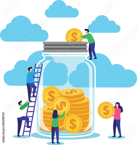 Flat vector illustration of people saving money together, teamwork financial growth, investment jar, dollar coins, budget planning, wealth accumulation
