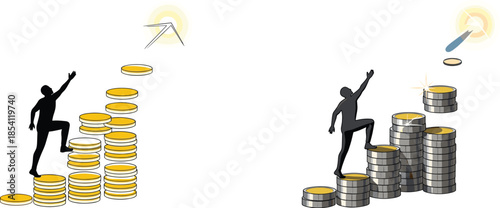 Climbing coin stacks toward financial goals, investment effort concept, wealth pursuit, currency achievement, economic ambition, money growth, success journey