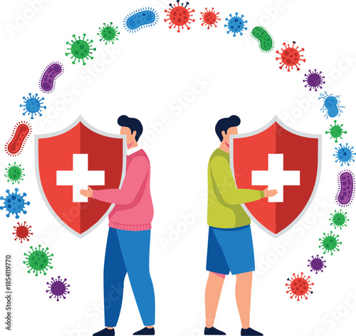 Flat vector illustration of people with shields protecting against viruses, health defense concept, immunity support, disease prevention, medical safety