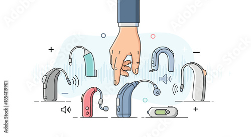 Large hand reaching to pick one of many different colored behind-the-ear hearing aids for hearing loss treatment and support.