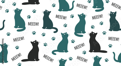 Seamless pattern featuring dark green and black cat silhouettes looking up with paw prints and text meeeew on a white background.