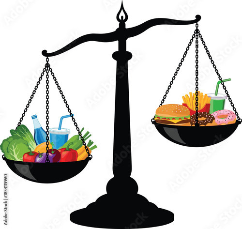 Flat vector illustration of balanced diet concept, healthy food versus junk food on scale, nutrition comparison, lifestyle choice, eating habits