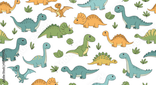 Cute dinosaur seamless pattern featuring various species like triceratops and diplodocus in orange, green, and blue for kids rooms.