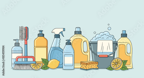Detailed collection of household cleaning products including buckets, sprays, liquids, brushes, and sponges with lemon for freshness.