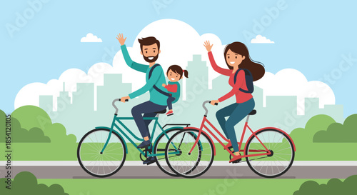 Happy family with a young child riding bicycles along a city park path with trees and urban skyline in the background.