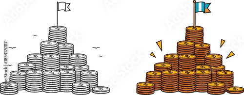 Coin pyramids with flags, financial achievement concept, wealth milestone, currency success, investment peak, money growth, economic progress, prosperity symbol