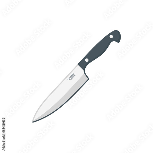 A sharp kitchen knife with a black handle on a white background