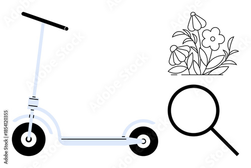 Urban mobility, floral exploration, eco-friendly transport, leisure activities, nature design, search concepts. Simple scooter, blooming flowers and magnifying glass. Urban mobility and floral