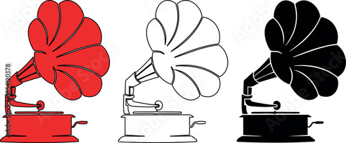 Retro gramophone with horn speaker set red black outline vector illustration