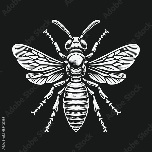 Detailed white wasp insect illustration on black background in a vintage engraving style.