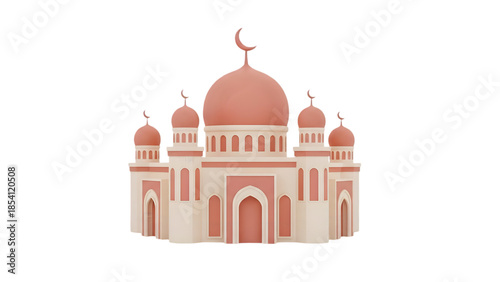 Islamic mosque architecture with pink domes on transparent background