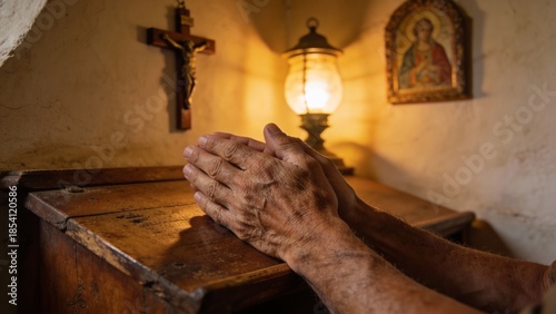 나무책상위에서기도하는손과십자가가있는기도실풍경