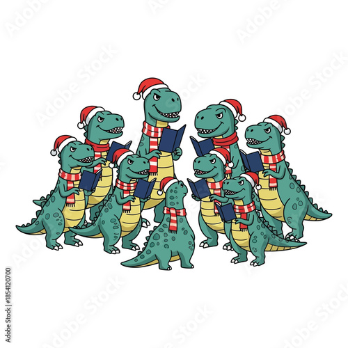 A group of cute tyrannosaurus rex dinosaurs in santa hats singing holiday carols together