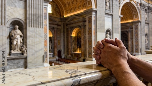 대리석난간위에서기도하는손과교회건축물배경
