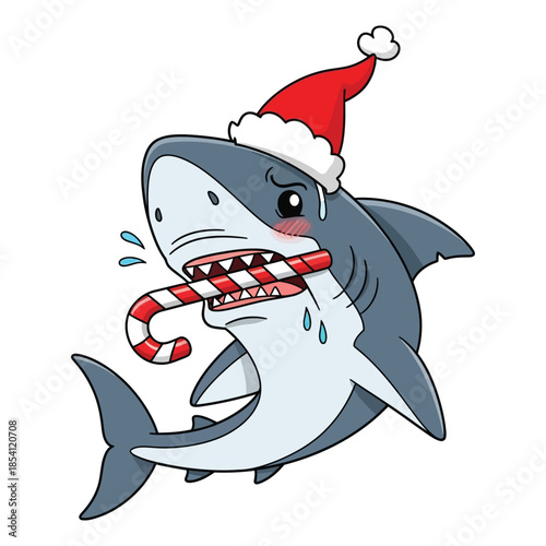 Embarrassed great white shark wearing santa hat holding candy cane in its mouth